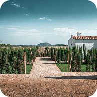 Stone garden house mountain view